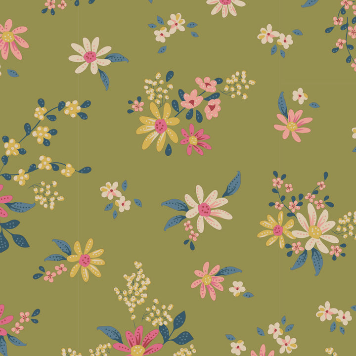 Tilda Chic Escape Daisyfield Green 110049 puuvillakangas, vihreä pohja ja värikkäät kukkakuviot. Sopii tilkkutöihin ja käsitöihin.