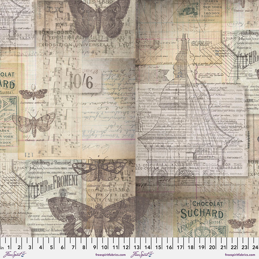 Tim Holtz Embark Melange Canvas -puuvillapanamakangas, jossa vintage-tyylisiä perhosia, tekstejä ja piirroskuvioita beigen ja harmaan sävyissä.