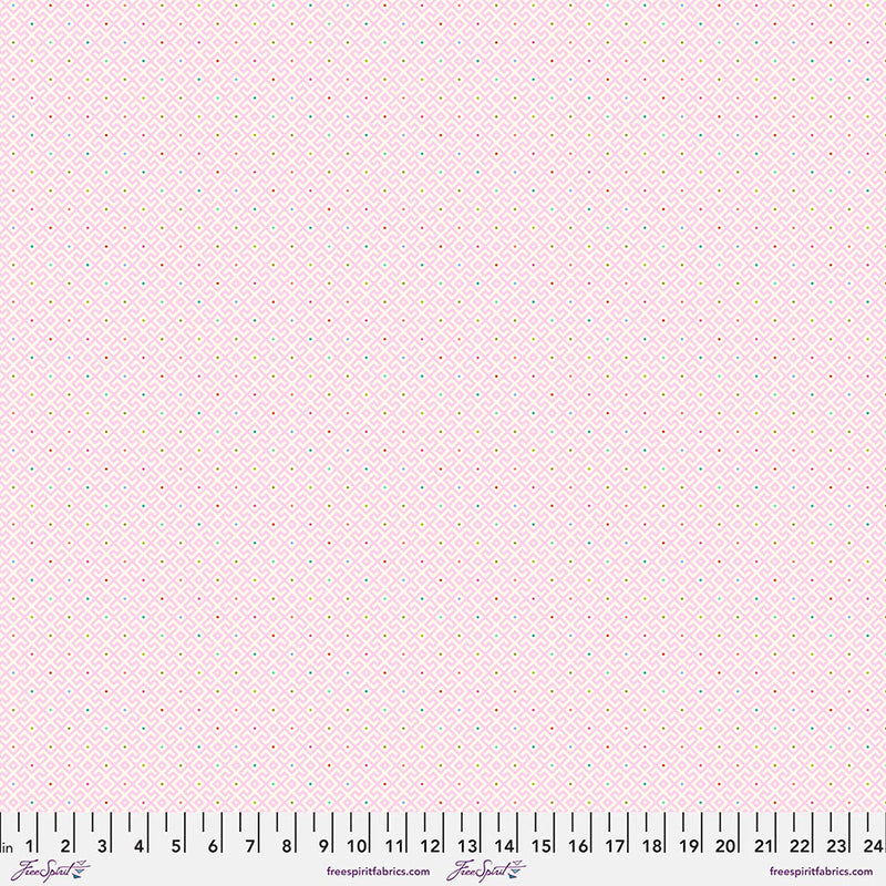 Tula Pink Moon Garden Baby Geo Dawn -puuvillakangas, vaalea roosa timanttikuvioinen taustakangas.