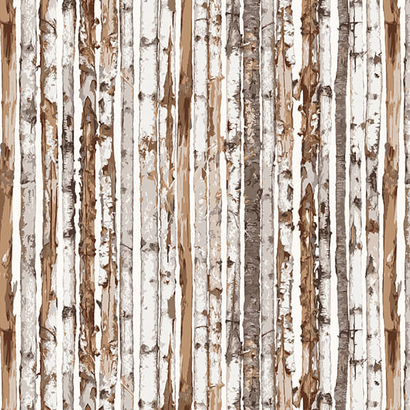 Jan Shade Beach Woodland Whispers Birch Stripe 433-39, koivunrunkoraitakuosi ruskea valkoinen harmaa puuvillakangas