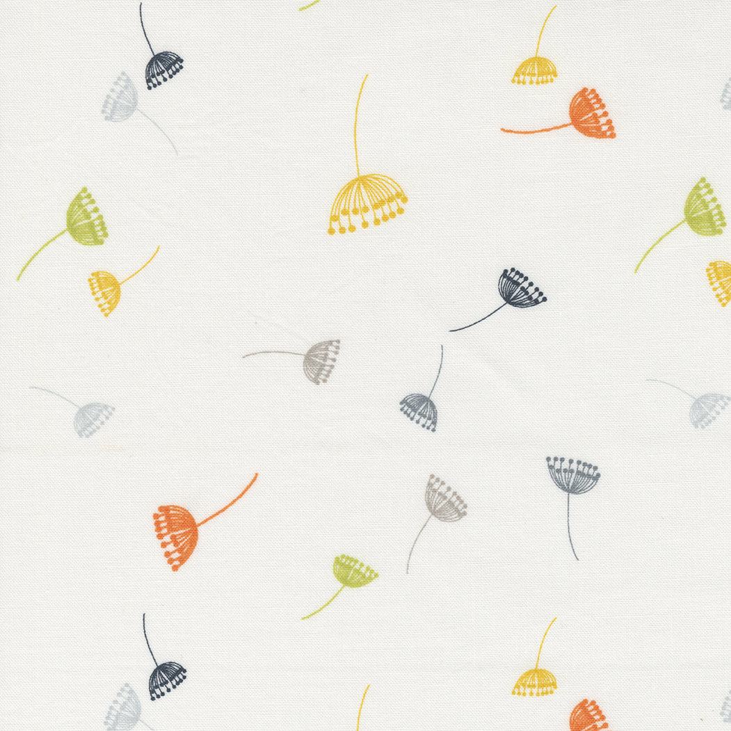 Zen Chic Filigree 1811-12 Dandelions Off White – valkoinen puuvillakangas, jossa herkät voikukkakuviot. Sopii tilkkutöihin ja käsityöprojekteihin.