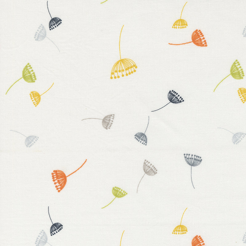 Zen Chic Filigree 1811-12 Dandelions Off White – valkoinen puuvillakangas, jossa herkät voikukkakuviot. Sopii tilkkutöihin ja käsityöprojekteihin.